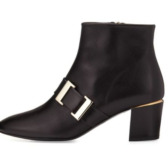 SALE! ✅ DELMAN Black Calfskin Leather Ankle Boot Gold Strap Buckle 9M ✨NEW - Picture 3 of 16